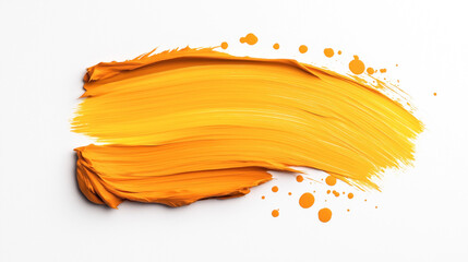 Thick brushstroke of bright orange paint with splatters on a white textured surface, showcasing abstract art and bold color