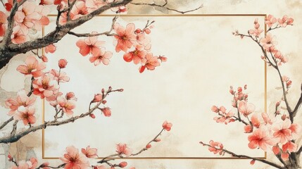 Peach blossoms adorn the branches of a tree in a serene garden, complemented by an empty white board that adds a touch of elegance to the scene. Perfect for decor or artistic use.