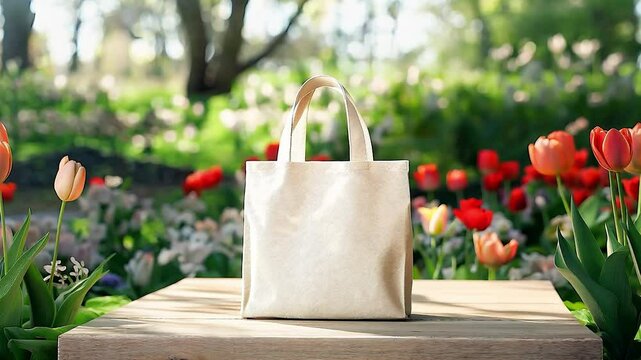 A beige canvas tote bag mockup on wooden product display podium with tulip spring flowers bloom nature field garden background, Eco friendly totebag mock up made of natural cotton. Reusable shopper	
