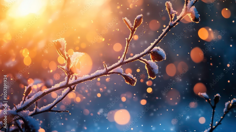 Poster a snowy branch glistens in soft sunlight, creating a serene winter atmosphere.
