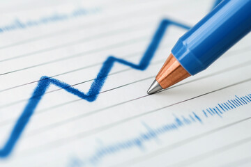 image features close up of blue pen drawing an upward trend on graph, symbolizing growth and progress in business