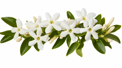 Obraz premium A cluster of white jasmine flowers with green leaves, symbolizing beauty and nature.