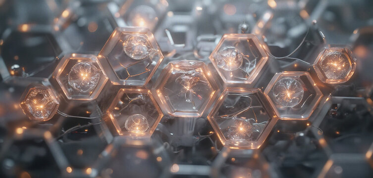 Hexagonal Copper and Glass Structure with Reflections on Dark Background