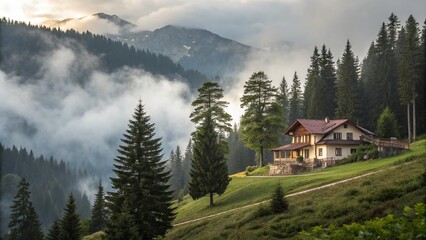 Serene Mountain House Surrounded by Lush Trees and Misty Fog – Perfect Nature Scene for Relaxation and Peaceful