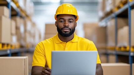 Warehouse worker in yellow hard hat and polo shirt using laptop surrounded by cardboard boxes