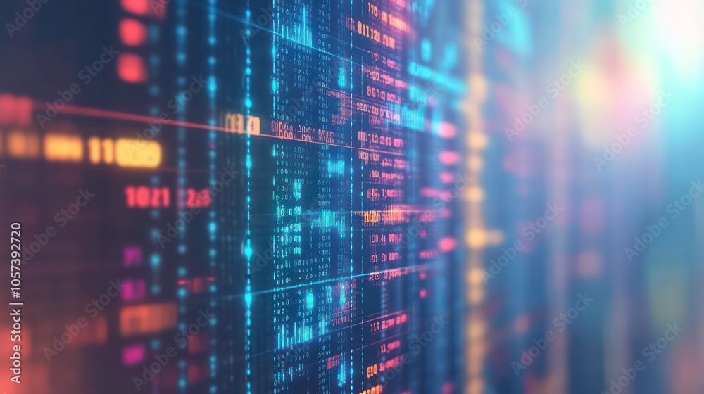 Poster Abstract digital data visualization with glowing lines and numbers.