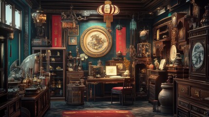 Richly detailed poster of a Chinese-style room, showcasing an array