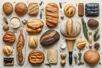 A variety of breads displayed artistically with baking tools and ingredients.