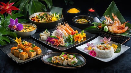 Fototapeta premium Royal Thai cuisine, with bright and colorful dishes arranged elegantly