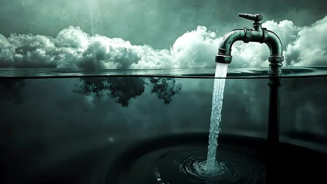 A surreal image of a faucet pouring water into a dark, cloudy environment, blending elements of nature and industrial design, evoking themes of water and its significance.
