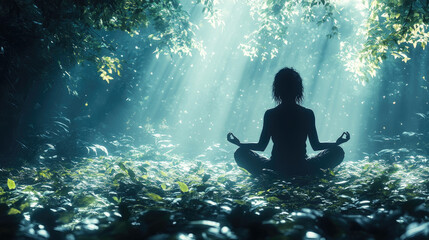 Fototapeta premium A person sits cross-legged in a tranquil forest, surrounded by greenery, while sunlight streams down, creating a peaceful atmosphere for meditation