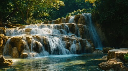 Serene limestone waterfall, crystal-clear water flowing over smooth