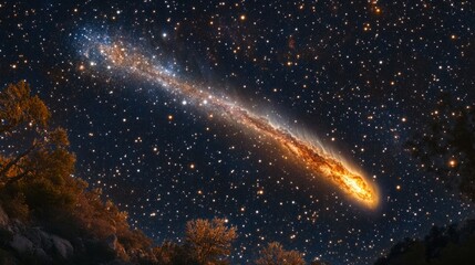 Fototapeta premium Burning comet tail streaking across the night sky, surrounded by bright stars and deep nebulae generative ai