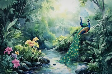 Obraz premium Watercolor Painting of Peacocks in a Lush Tropical Forest Setting