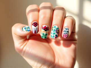 close-up of a person's hand displaying beautifully manicured nails featuring colorful and creative designs.