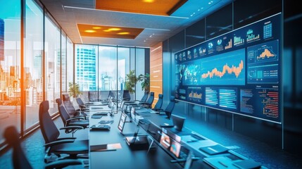 Obraz premium Sleek and modern office with digital boards showing business statistics,