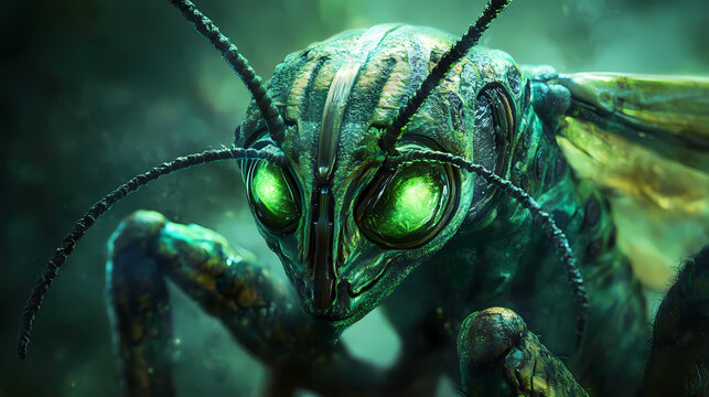 A futuristic, glowing green extraterrestrial creature with elongated eyes and insectoid features, resembling a praying. Mutant Creatures. Illustration