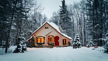 holiday decorations line snowy christmas house quiet winter forest surrounded trees