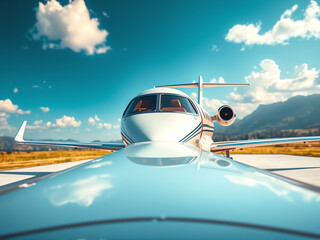 Obraz premium private jet is stationed on the runway, ready for departure under clear blue sky