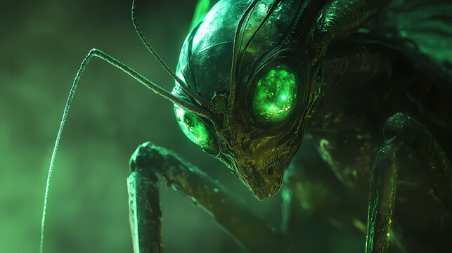 A futuristic, glowing green extraterrestrial creature with elongated eyes and insectoid features, resembling a praying. Mutant Creatures. Illustration