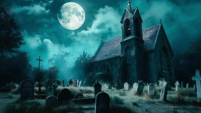 Halloween night by the old church under the moonlit sky. Halloween ghost cemetery with dark clouds. Graves in the cemetery at dusk. Spooky dark night full moon
