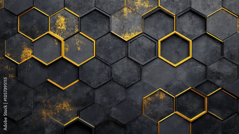 Poster a textured wall featuring hexagonal patterns in black and gold tones.