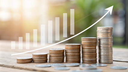 visual representation of financial growth with stacked coins and rising graph. image conveys prosperity and investment success