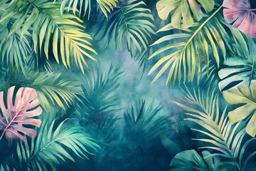 Watercolor Painting of Tropical Green and Pink Leaves