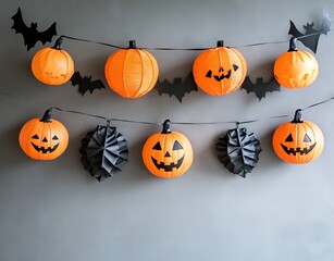 Flat Lay of Halloween Decorations on Grey Wall - AI generated illustration
