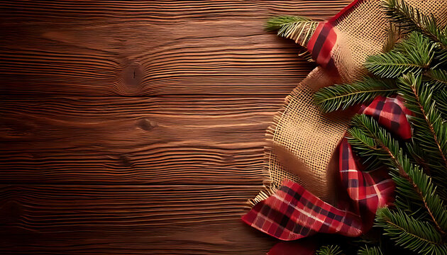 rustic christmas scene features buffalo plaid ribbon burlap tree branches wooden background top view
