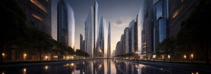 Fototapeta premium City street with tall buildings and water