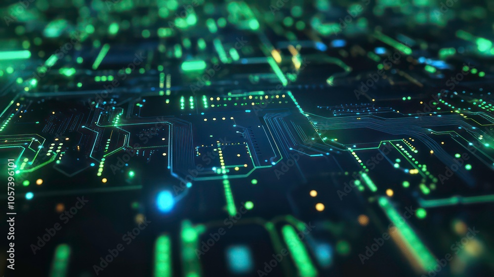 Poster Close-up view of a circuit board with glowing components and intricate pathways.