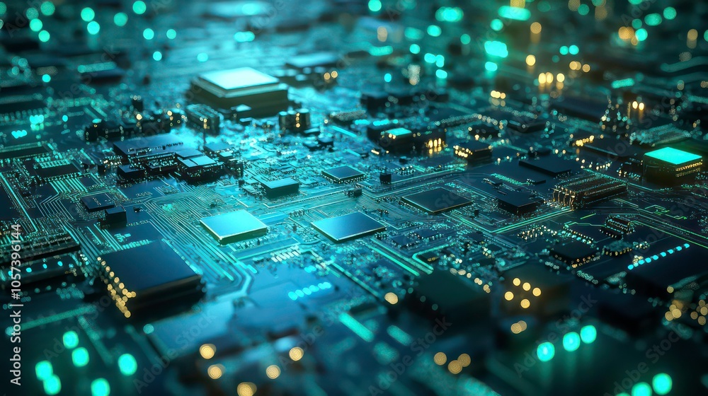 Poster Close-up view of a circuit board with glowing components and intricate pathways.
