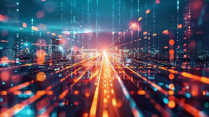 Abstract cityscape with glowing data light trails