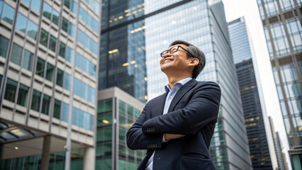 confident man stands in urban setting, surrounded by modern skyscrapers, exuding positivity and ambition. His smile reflects success and determination