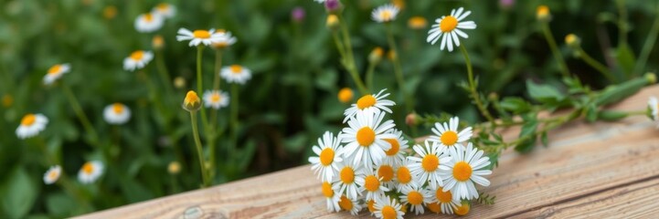 Fototapeta premium Bouquet of camomile flowers on rustic wooden table in lush green nature setting, blossom, rustic