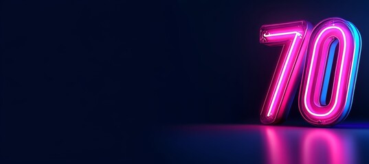 Neon Number 70, with Pink and Blue Glow, Isolated on a Dark Background with Copy Space