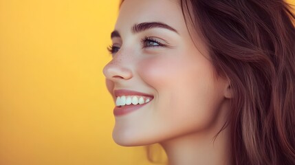 Fototapeta premium Radiant Woman Smiling Confidently Against Yellow Backdrop in Stylish Portrait Photography