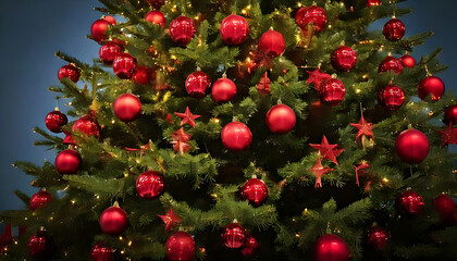 Obraz premium christmas tree red balls twinkling stars surrounding branches festive holiday display