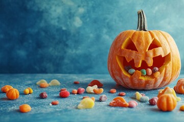 Smiling jack-o'-lantern filled with colorful candies, surrounded by small pumpkins on a blue background, AI generated illustration