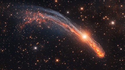 Burning comet tail streaking across the night sky, surrounded by bright stars and deep nebulae generative ai