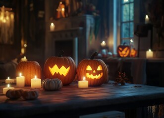 Cozy Halloween atmosphere with pumpkins and candles in a warm living room, AI generated illustration