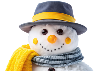 a snowman wearing a hat and scarf isolated with transparent background
