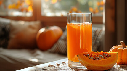 Fresh pumpkin juice in a glass stands on the table. Healthy eating. Natural vitamins from vegetables.