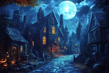 Haunted house road in an old town under a full moon night, AI generated illustration