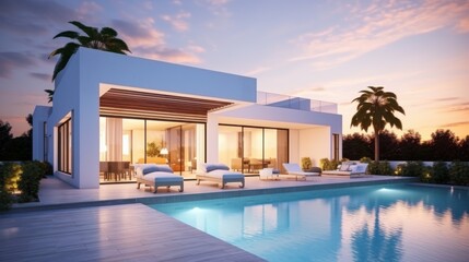 Fototapeta premium Modern luxury villa with pool at sunset