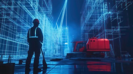 Fototapeta premium A silhouetted worker interacts with a futuristic digital environment filled with data structures.