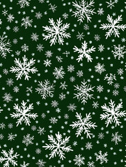 Gentle snowfall in white on muted forest green background creates festive atmosphere. Perfect for holiday decorations and winter themed designs