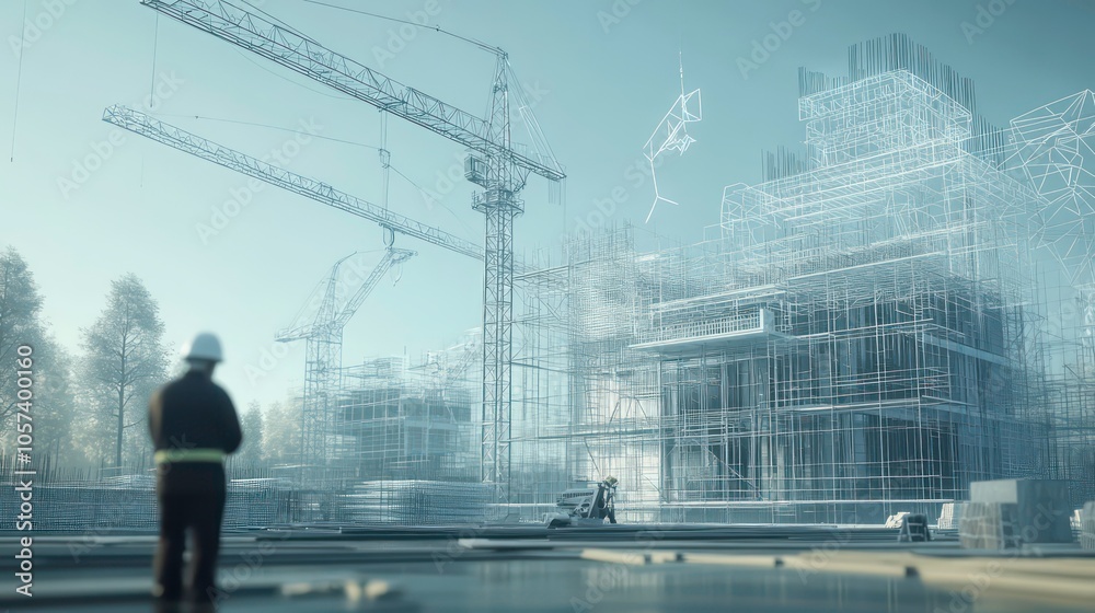 Poster a construction site with cranes and a digital overlay of building plans.