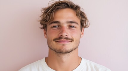 Fototapeta premium Capturing the warmth of a genuine smile a portrait of confidence and charm against a soft pink background